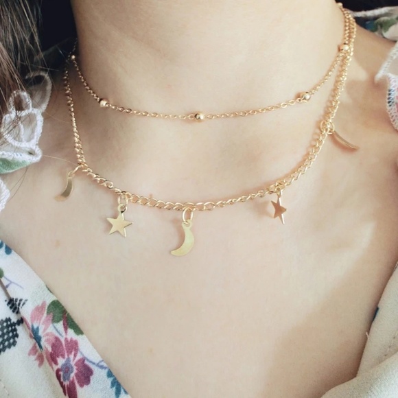 Jewelry - Gold Layered Boho Necklace Choker Stars Moon A4